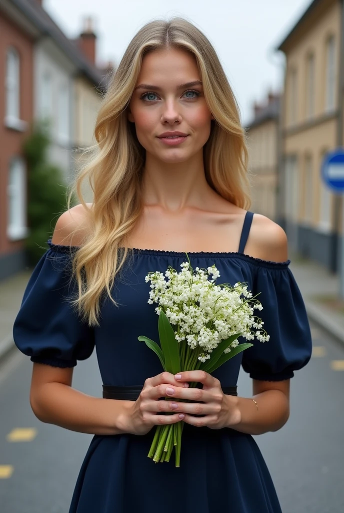 Create a realistic image of a 20 year old woman, long blond hair, blue eyes, cheekbones, ((full body)),
dressed with a navy blue dress, a black belt, black tablons, holds a bouquet of lily of the valley in her hands, background image: a street with houses, head to toe, full body, hyper realistic photo