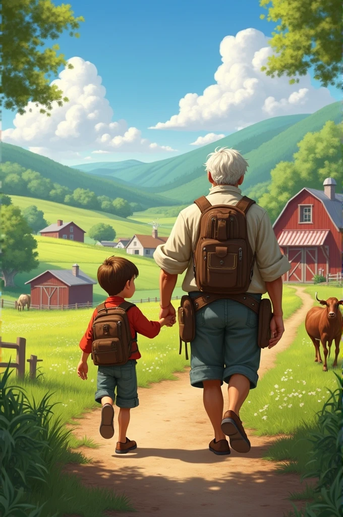 boy, following a man on a farm