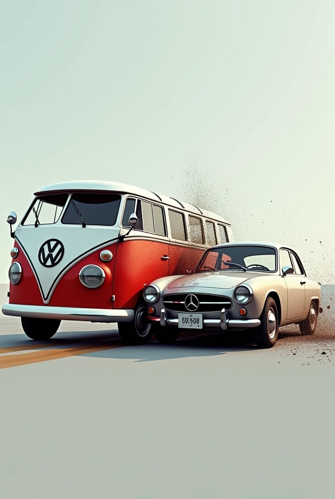 a kombi crashes into a smaller car from behind, perfil view, 8K, High Quality, Photorealistic, Clean Background
