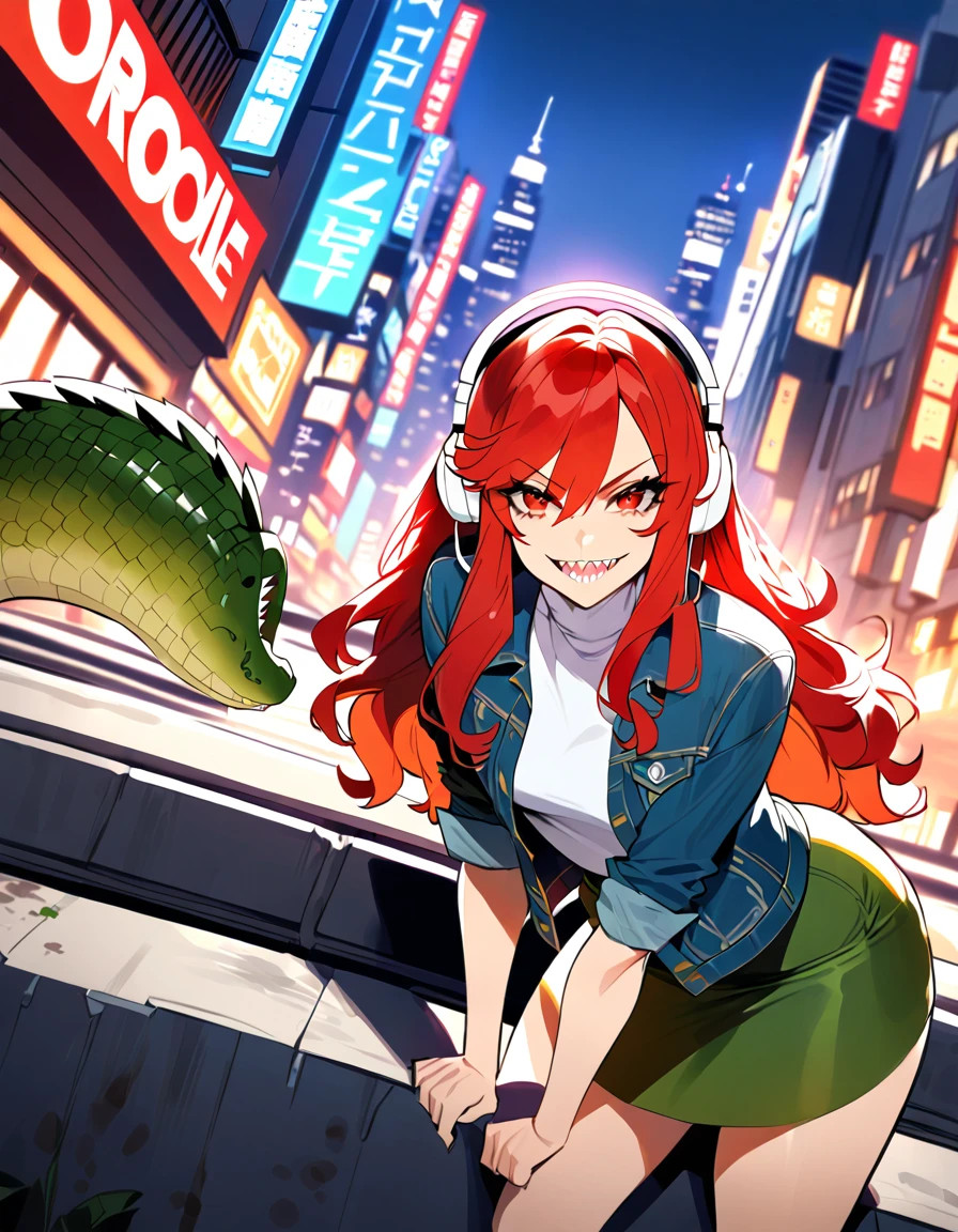 One, superhero, beautiful girl, girl in casual clothes, green combat boots, sharp teeth, confident smile, Red eyes, dirty hair, long hair, fluffy hair, crocodile tail, tight white turtleneck, white headphones, funny, young, facial hair, facing the camera, city background, city lights, power, Red hair, beautiful pose, crocodile tail, middle, A seductive angle, leaning against the wall, headphones on the neck, white platform sneakers, green skirt, denim jacket 