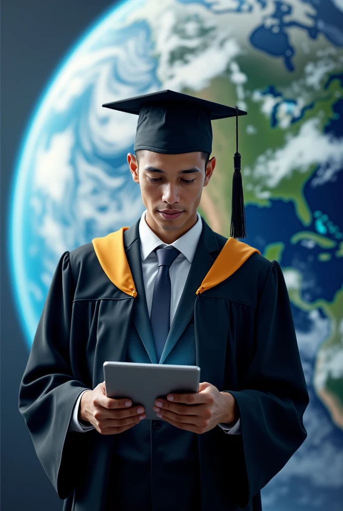 Man with graduation suit hold computer and socialize in earth