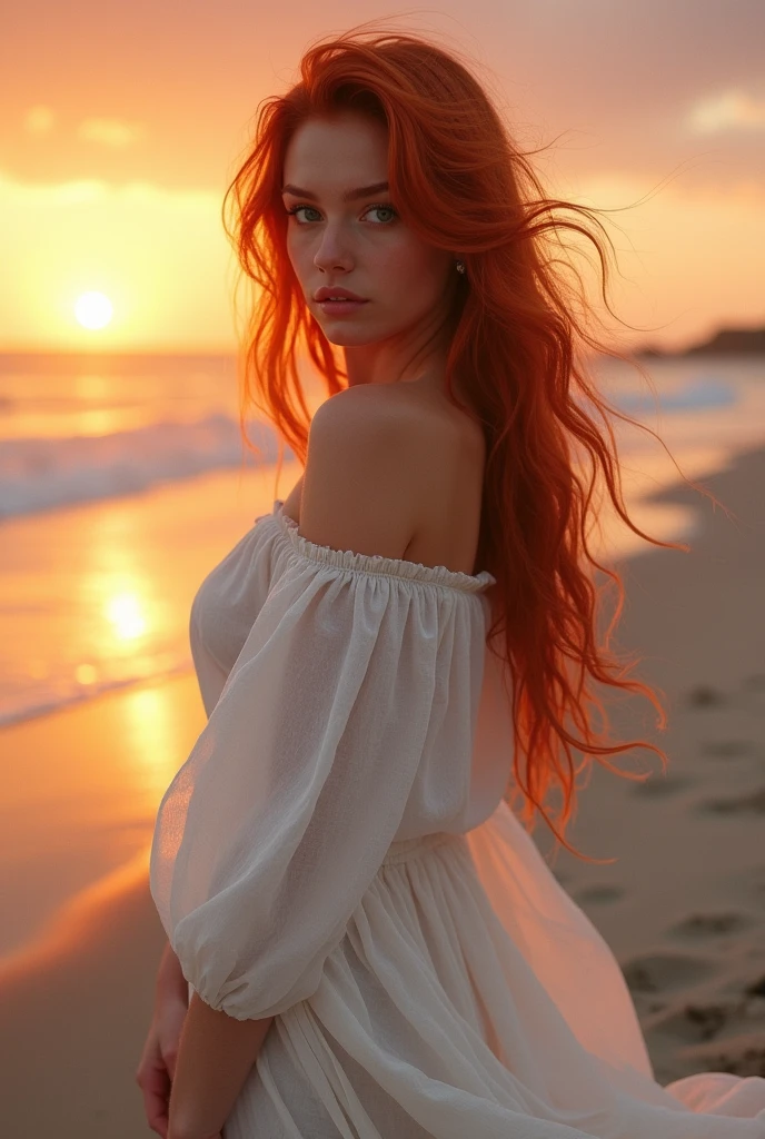 Une jeune femme dans la vingtaine, avec des cheveux roux clairs qui encadrent délicatement son visage et tombent en douces vagues autour de ses épaules, se tient sur une plage isolée au coucher du soleil. Le ciel, teinté de nuances d'orange, de rose et de violet, reflète la chaleur de son teint éclatant. Ses yeux, d’un vert perçant, contrastent magnifiquement avec sa chevelure flamboyante, lui donnant un regard captivant. Elle porte une robe légère en mousseline blanche, qui flotte légèrement dans la brise marine, accentuant sa silhouette voluptueuse. Ses courbes généreuses sont mises en valeur par ses hanches pleines, ses fesses rondes et sa poitrine ample, dessinant une allure sensuelle et harmonieuse. Le doux murmure des vagues accompagne sa démarche empreinte de grâce et de confiance, tandis que le sable fin sous ses pieds nus crée un contraste subtil avec la fluidité de sa robe. Ses cheveux roux brillent sous la lumière dorée du crépuscule, ajoutant une touche de magie à la scène. Son regard, tourné vers l'horizon, exprime une force intérieure mêlée à une paisible contemplation, comme si elle était en parfaite harmonie avec la nature environnante.