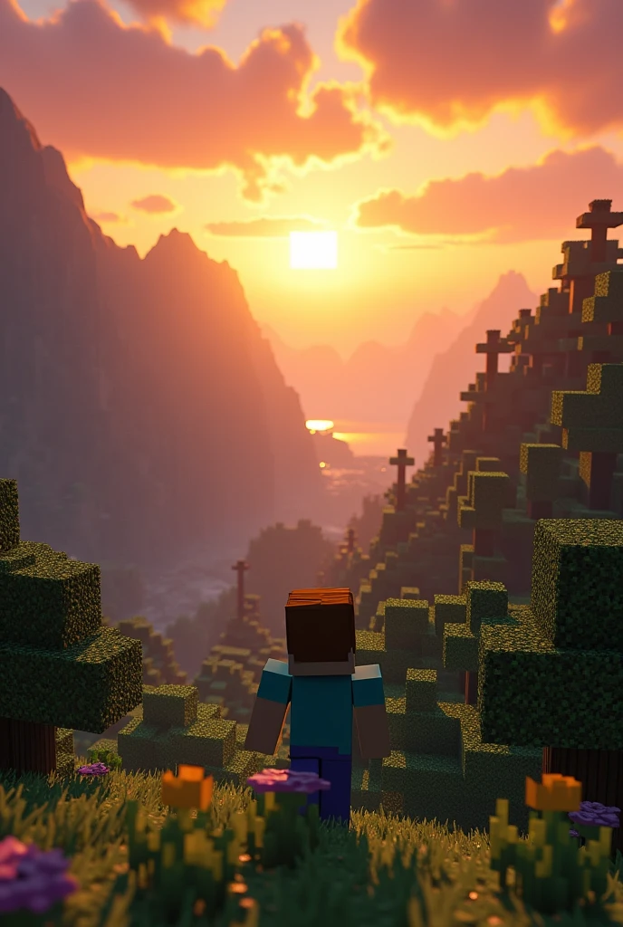 A view in the world of minecraft. Epic scenery woth sunset and we see Steve (a minecraft player) killing a zombie in the horizon. Most of the picture is scenery