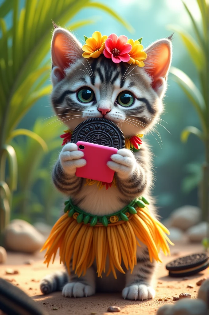 Gray and white tabby kitten as a Tahitian dancer with a pink phone eating an oreo