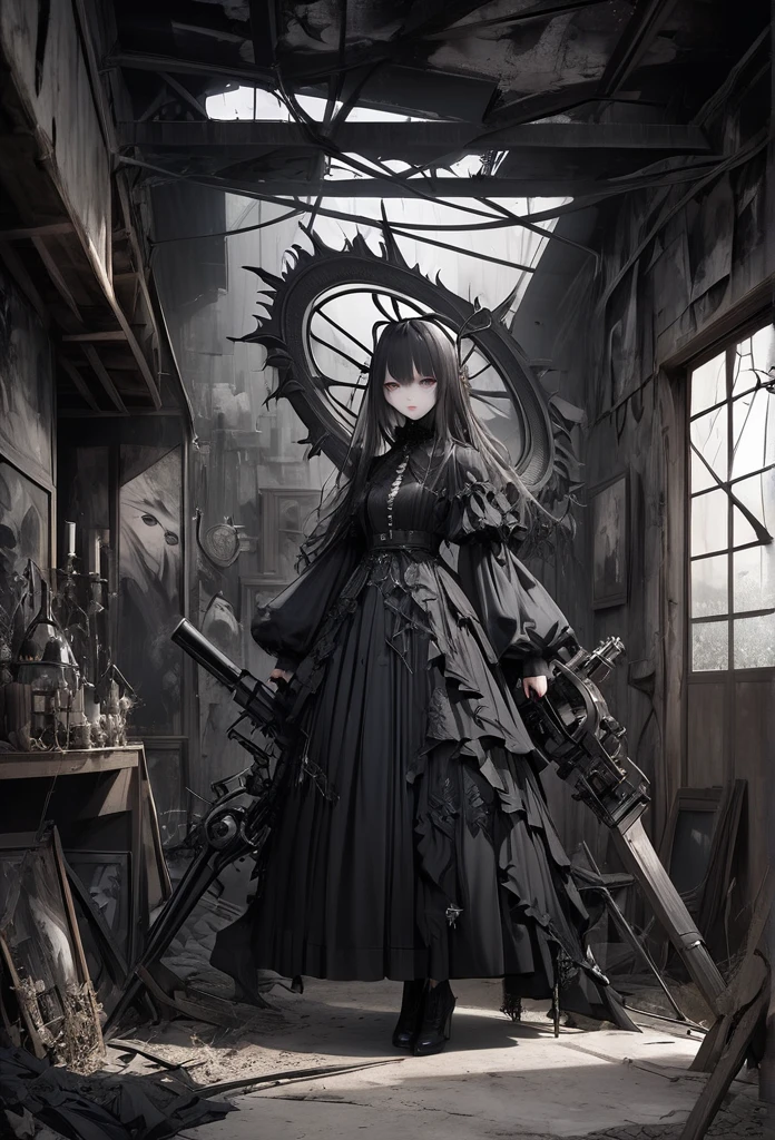 Imagine a dreamlike scene set in an outback garage where a young man holds an AI-powered weapon. Inspired by James Gurney and Nicola Samori's Surrealist art styles, create a mysterious, provocative, and symbolically complex composition. Combine Gothic beauty with intricate details, ensuring the highest quality and artistry.
