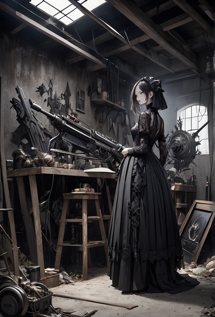 Imagine a dreamlike scene set in an outback garage where a young man holds an AI-powered weapon. Inspired by James Gurney and Nicola Samori's Surrealist art styles, create a mysterious, provocative, and symbolically complex composition. Combine Gothic beauty with intricate details, ensuring the highest quality and artistry.
