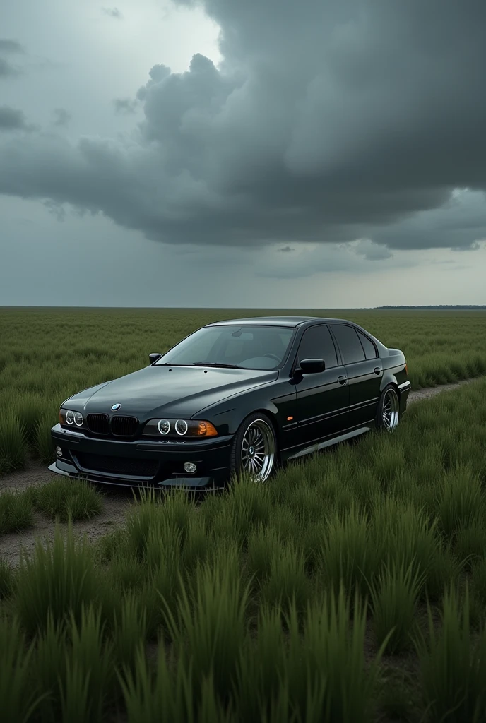 Black bmw e39 2004 model, ucsuz bucaksiz long grass, kotu siyah bulutlu hava, long grass