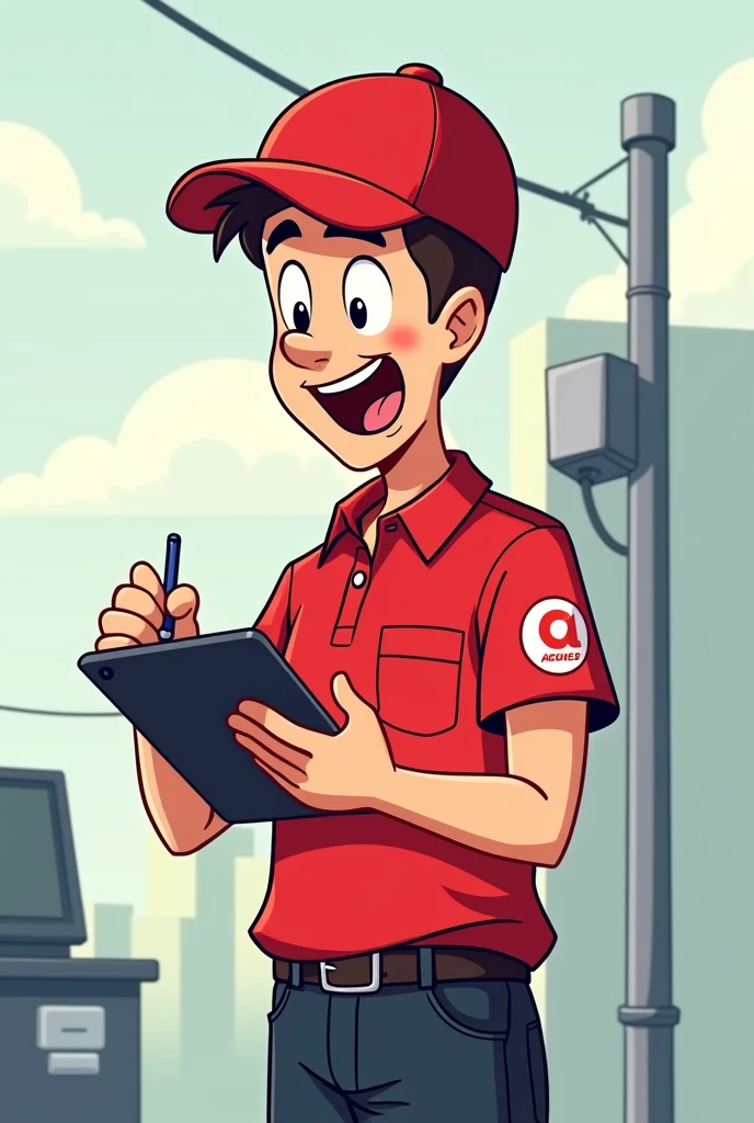 cartoon style drawing of a telecom technician wearing a red polo shirt and black pants with the operator's logo clearly on his arm and writing something down on a tablet with an excited look