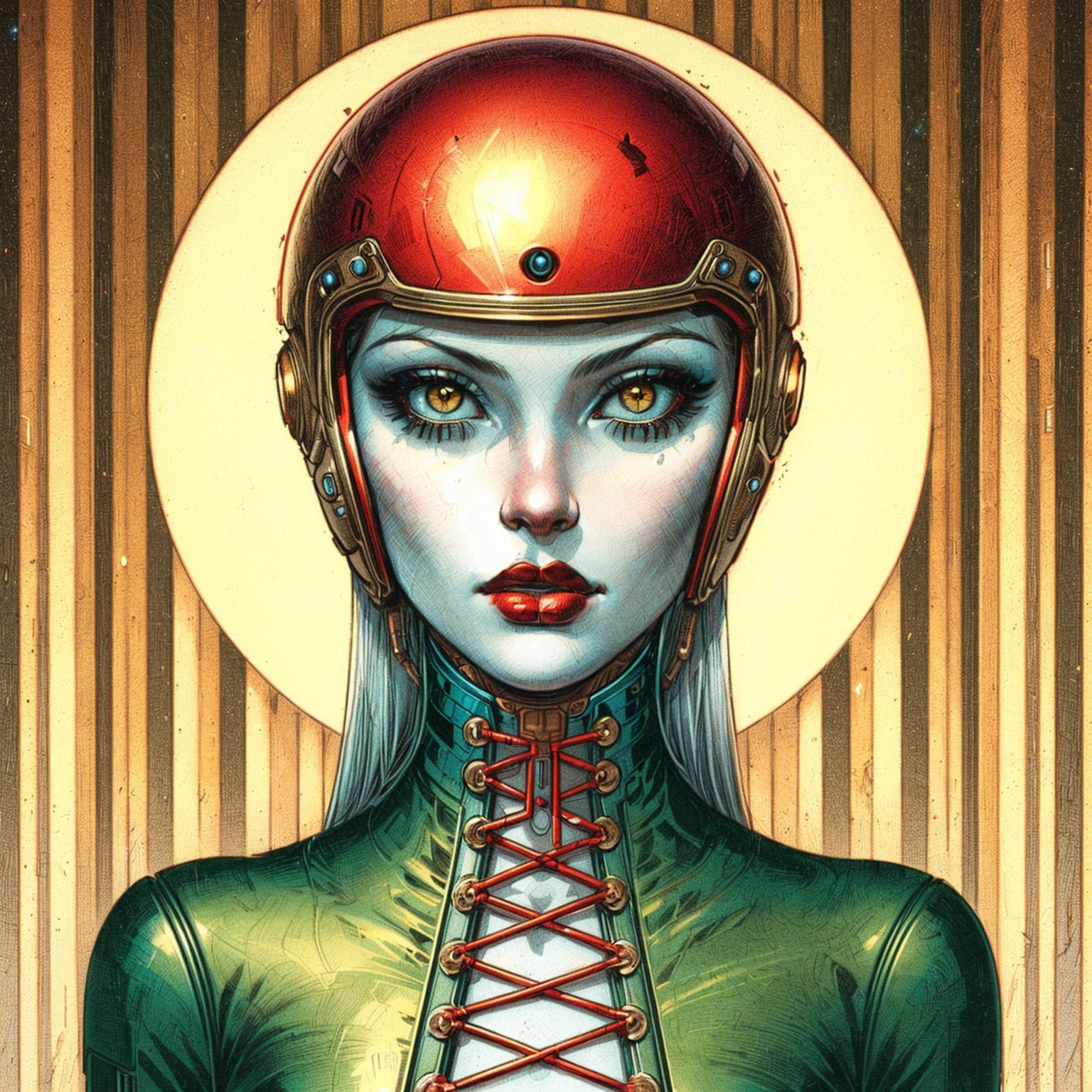 a close up of a woman with a helmet on and a red nose, retrofuturistic female android, beautiful cyborg girl pinup, portrait beautiful sci - fi girl, retro sci - fi art, art deco of a space woman, portrait of a female android, artgerm julie bell beeple, karol bak uhd, portrait of a sci - fi woman