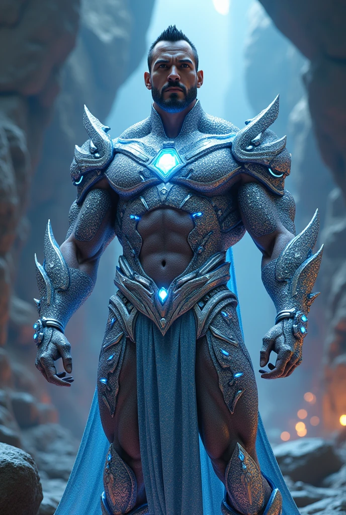 A robust and muscular superhero wearing a diamond armor