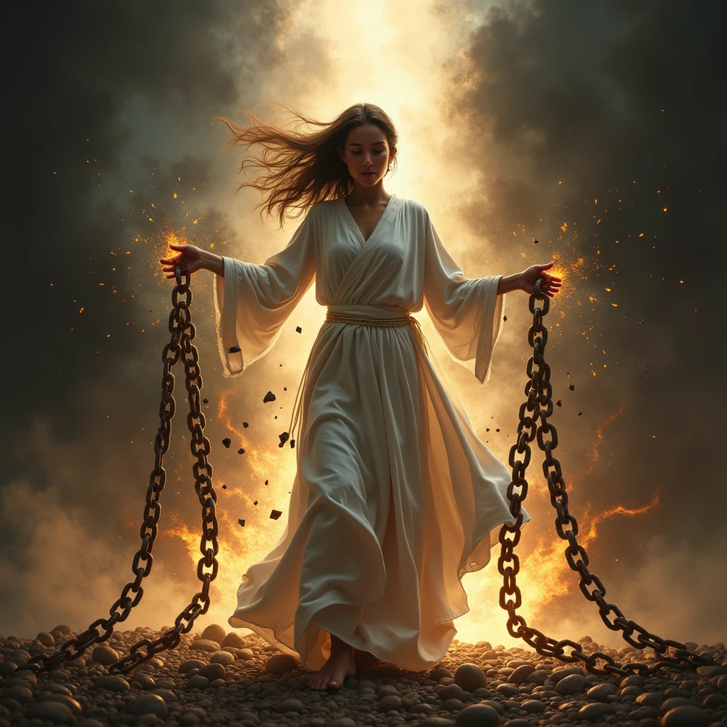 Create a simple female front image with a shining white Hebrew garment and a slight fire around it, in his hands Breaking thick bronze chains Falling to the ground the links of the chain. Behind the Holy Spirit black background dark and evil shadows moving.