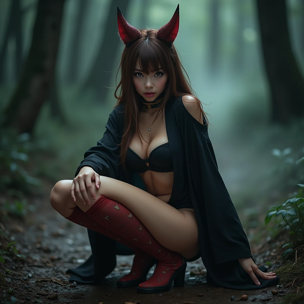 Pose: Demon Charm
Model: AmyGreene, Instagram female model, light brown hair, tan skin, athletic build.
Position: Amy is posing with a playful yet expression, capturing the essence of Nezuko’s character. She’s slightly crouched with one leg extended forward, arms elegantly positioned as if ready to pounce. Her head is tilted slightly, with her eyes gazing intensely at the camera, conveying a mix of innocence and power. Her hair is styled long and flowing, resembling Nezuko's iconic look.
Clothing: A sexy slutty reinterpreion of Nezuko’s outfit, featuring a modified pink kimono with shorter sleeves and a higher hemline, paired with a black underwear that enhances her athletic build. She’s wearing Nezuko’s signature bamboo muzzle around her neck and thigh-high socks with the distinct red and white pattern, adding to the cosplay authenticity.
BG: The background is a wooded area with dim, moody lighting, resembling the eerie forests from the anime. A soft mist hovers near the ground, adding a mysterious and fantasy-like atmosphere to the shoot. The lighting is a mix of soft natural light and subtle artificial highlights, enhancing the cosplay’s dramatic effect.
Photo Info:
- Camera: Canon EOS 5D Mark IV
- Lens: Canon EF 85mm f/1.4L IS USM
- Aperture: f/2.0 to create a sharp focus on Amy while softly blurring the forest background
- Shutter Speed: 1/250 sec to capture the pose with clarity
- ISO: 320 to balance the low-light forest setting with a hint of artificial enhancement