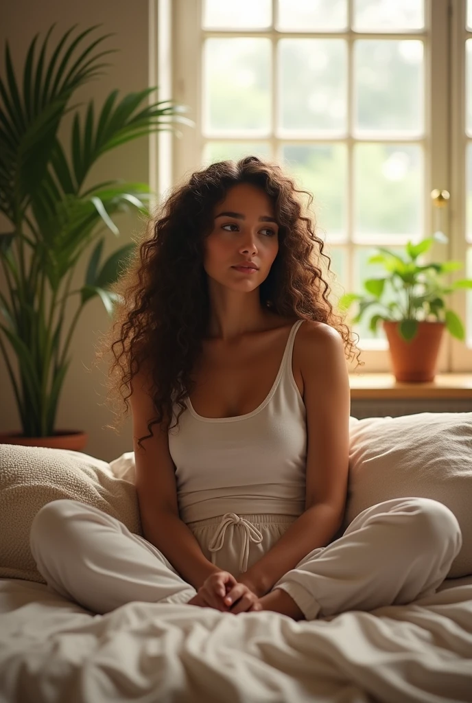 (photorealism:1.2), beautiful woman, sitting on bed, wearing a tank top, pajama pants, long curly hair, indoors, soft lighting, plants in background, window with sunlight, cozy room, relaxed pose, realistic, intricate details