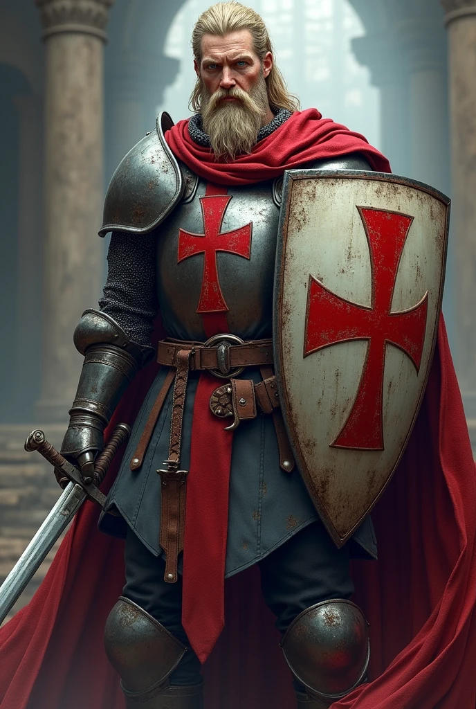 Templar, 190 cm. Nordic. Blonde beard. Blue eyes. Shield with a red cross and in the other hand a sword. In alert position.