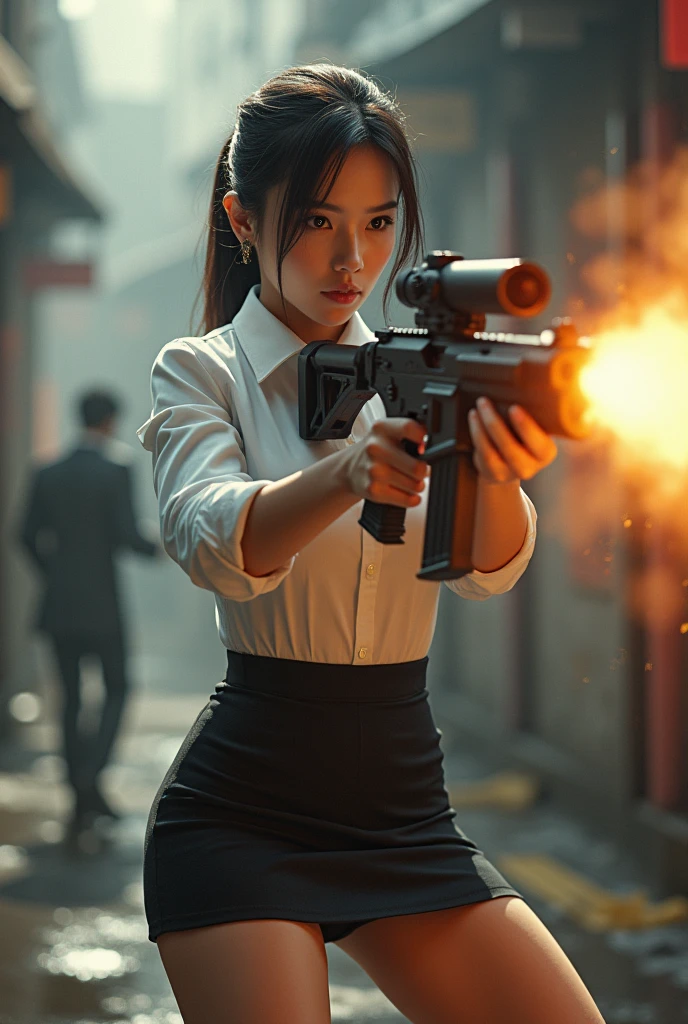 beautiful chinese flight stewardess mini skirt white shirt realistic machine gun toting toting hip firing real person legs apart standing rampage shooting side target facing


