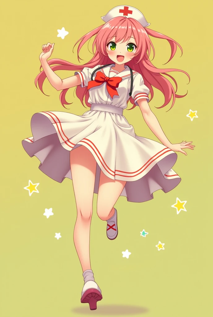 adult sailor, with a stethoscope, with a nurse's cap and a white dress, in dress, run, cute anime waifu with a nice dress., I will also make fanart., Arte Zerochan, madeline de celeste, retro anime girl, Joy the Pokémon, squid girl female pink humanoid, pink hair !!Whole body portrait!!, Whole body!, High quality fanart, in a shiny skirt