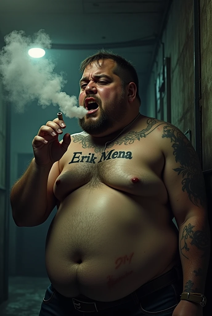 An ugly, slightly fat man, 2 smoking crack, with a tattoo that says “Erick Mena” on his chest