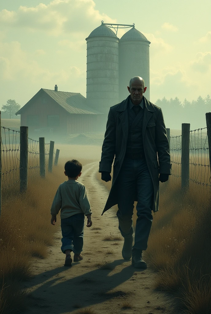 boy, following a man on a farm, natta, suspense