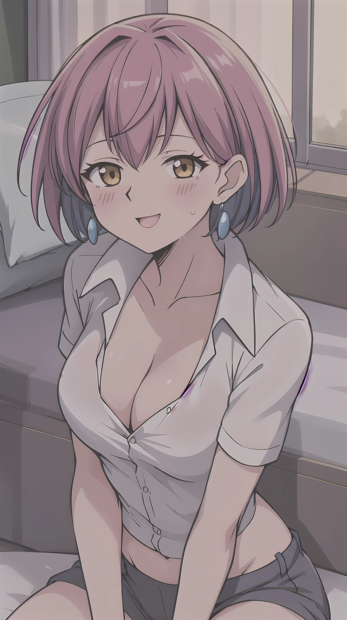 （（super high quality,））（（Ultra-high resolution,））（16K,）（super masterpiece,）（（Ultra HD ,））（Detailed shading,）One sexy office lady,Cleavage,popped Tight collar White shirts,Lower body naked,smile,blush,Lying in bed,Sweaty,Full body photo,