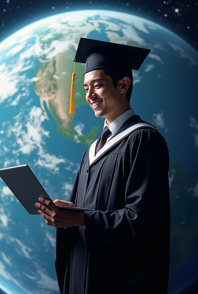 Man with graduation suit hold computer and socialize in earth