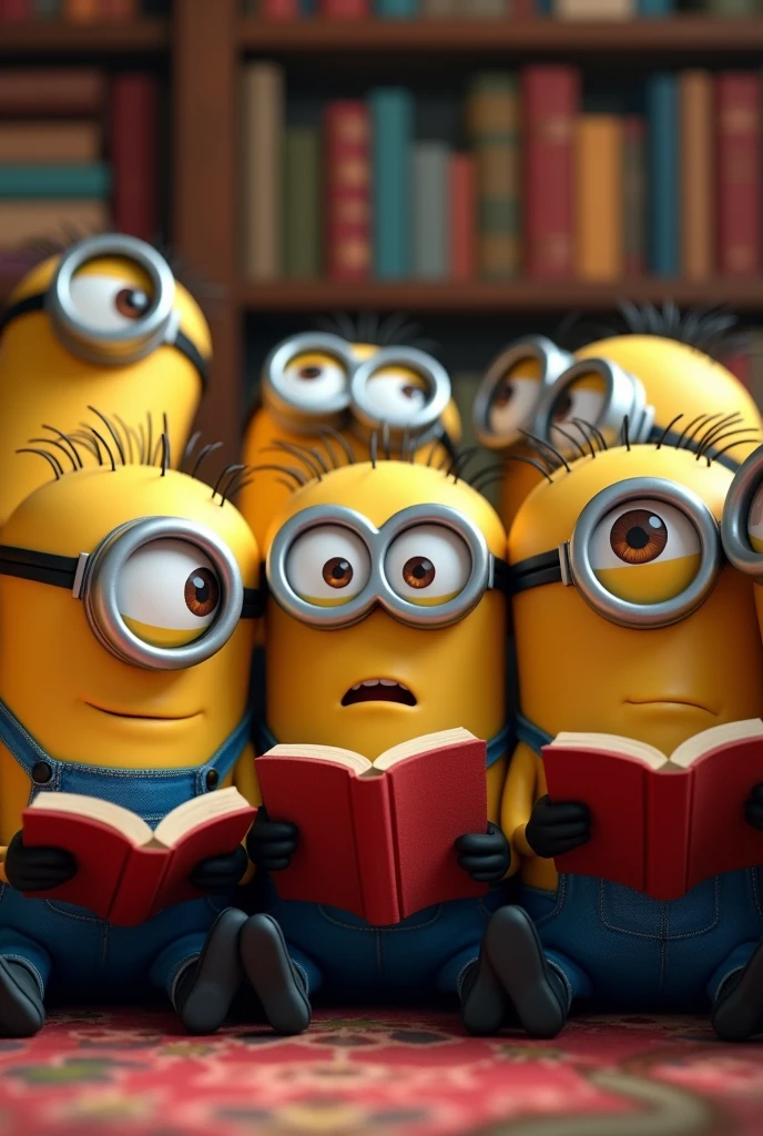 Image of minions reading while sitting in a group