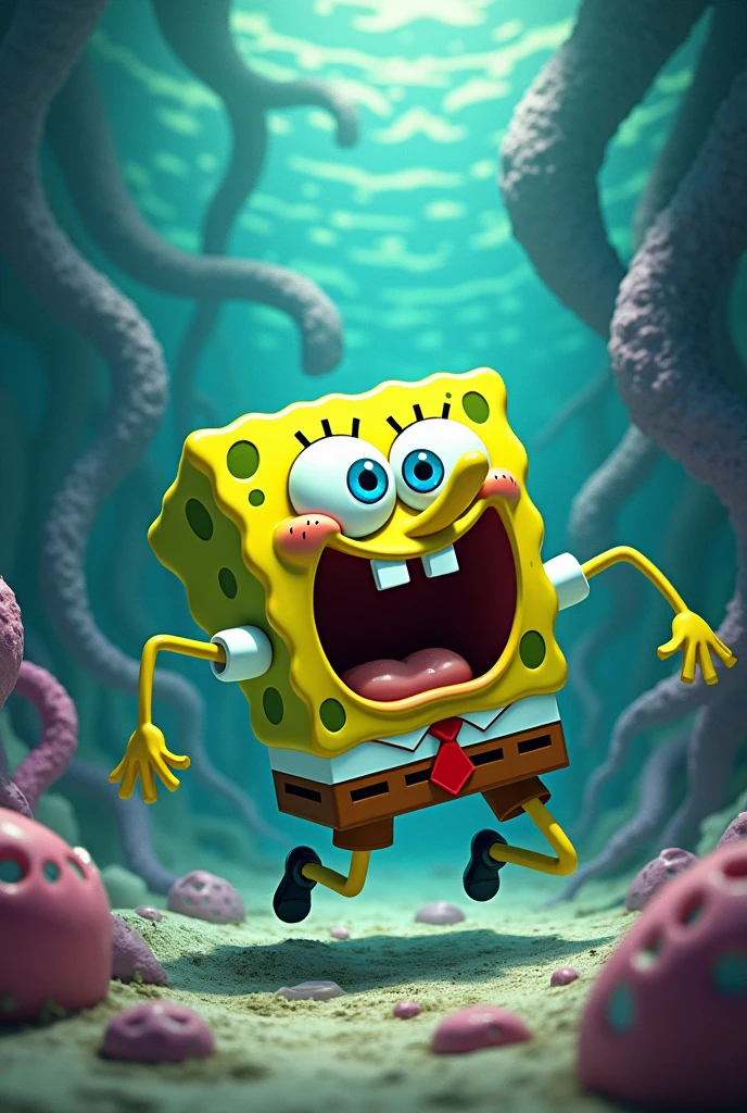 Spongebob falling scared into a reality glitch