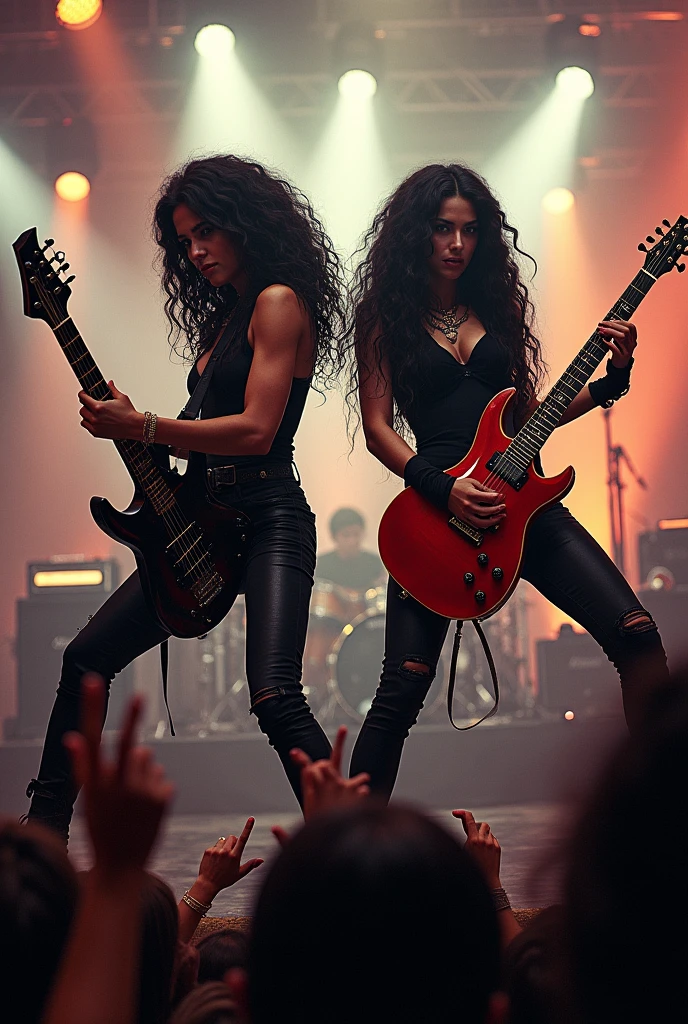2 female, rock star. She is tall, has dark skin and very long, curly, dark hair (como Marty Friedman), plays guitar and is putting on a rock show packed with fans