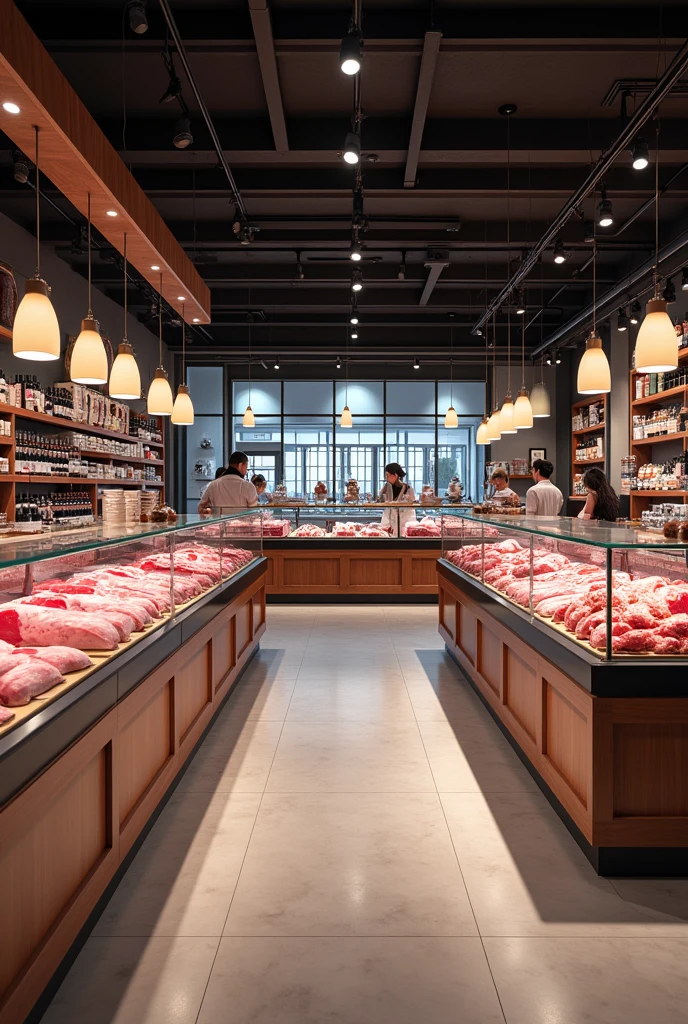 (photorealism:1.2), Large and modern butcher shop, Text *AM2108 INVESTMENTS*, meat, Pig, chicken and groceries