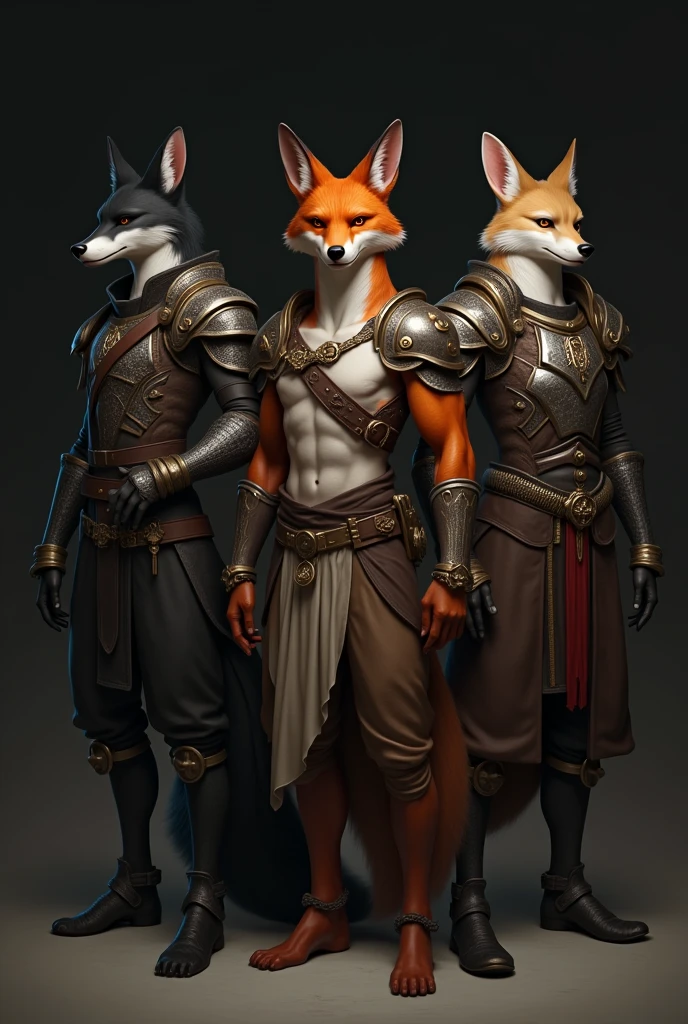 Three people with fox features, one in the middle, another on the left with black and dark fur, and on the right one, white and with light, the white one is wearing armor and the black one too, and the normal one is only wearing clothes and in the background you can only see darkness.