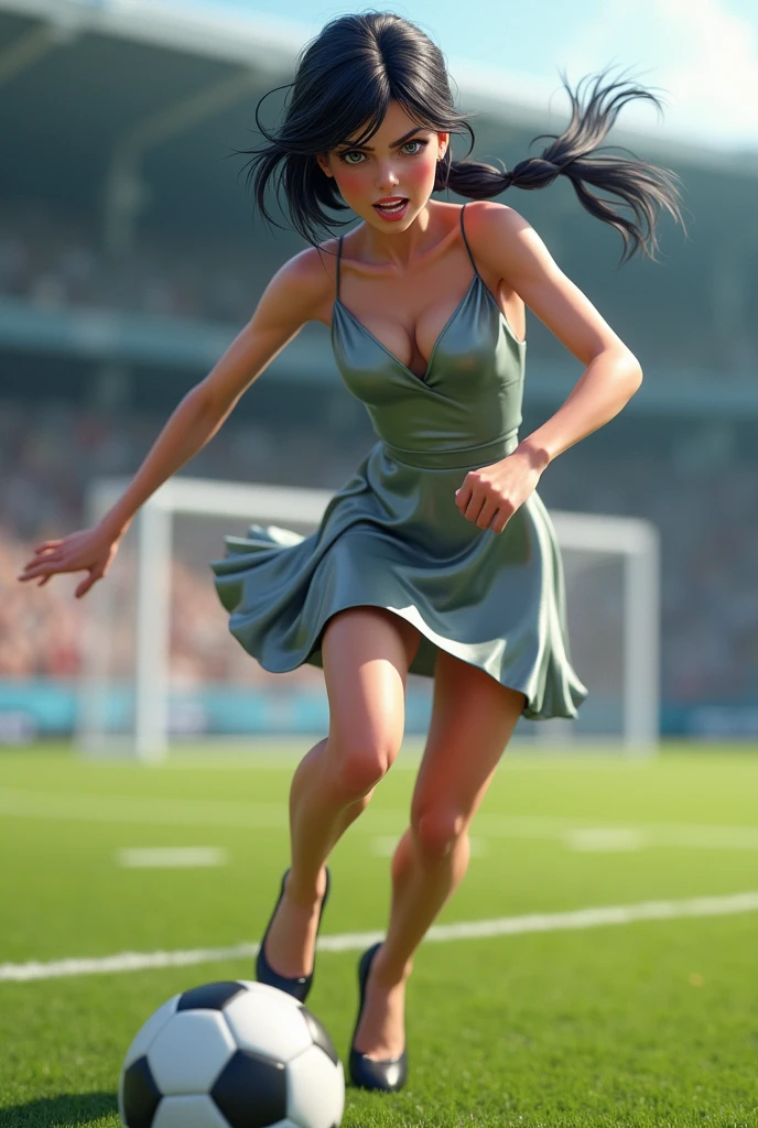 Highest quality、High resolution、Detailed Background、Beautiful face in every detail、Anatomically correct、Detailed facial expressions、fine grain、((whole body、from the front))、((One Girl:1.5)、(Chibi Girl:1.5))、 (A neat young lady:1.5)、Black Hair、beautiful clear big blue eyes、Braided Bob、(Luxurious sleeveless dress:1.5、Shiny, lustrous satin dress:1.5、Luxury high heels:1.5、bare hands:1.5)、Very angry look、Kicking a soccer ball:1.5、Volley Shoot:1.5、((motion-blur:1.5, Shaky ball:1.5))、The background is a soccer field、Soccer Goal:1.5