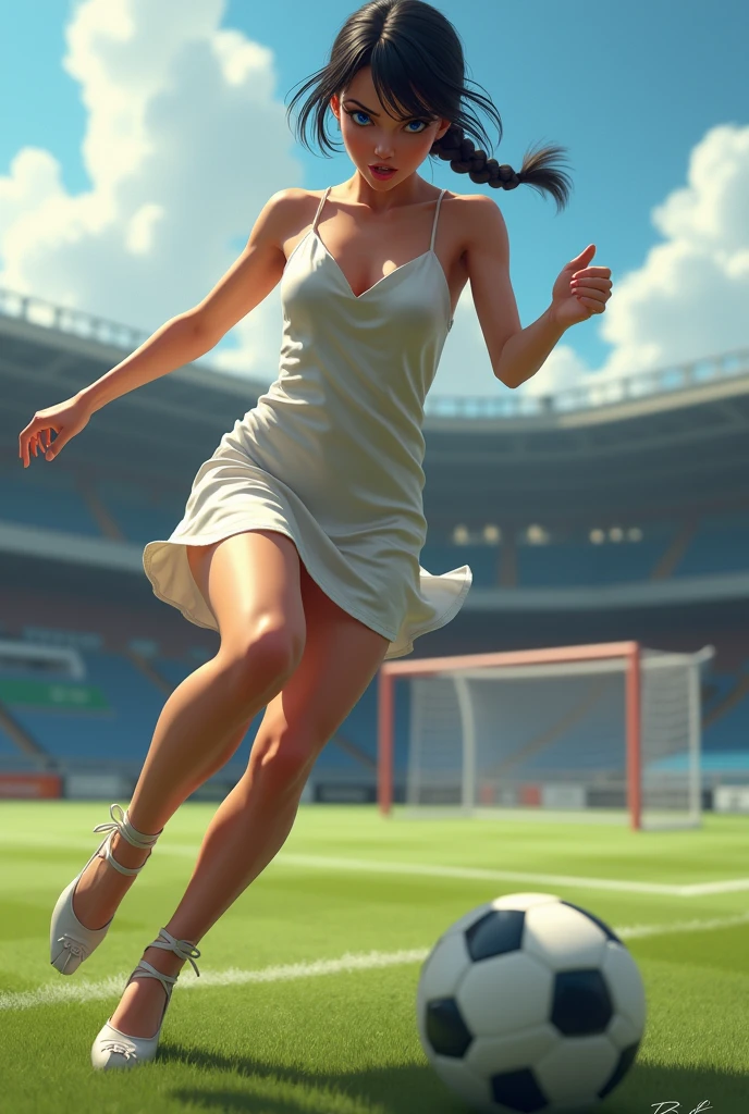 Highest quality、High resolution、Detailed Background、Beautiful face in every detail、Anatomically correct、Detailed facial expressions、fine grain、((whole body、from the front))、((One Girl:1.5)、(Chibi Girl:1.5))、 (A neat young lady:1.5)、Black Hair、beautiful clear big blue eyes、Braided Bob、(Luxurious sleeveless dress:1.5、Shiny, lustrous satin dress:1.5、Luxury high heels:1.5、bare hands:1.5)、Very angry look、Kicking a soccer ball:1.5、Volley Shoot:1.5、((motion-blur:1.5, Shaky ball:1.5))、The background is a soccer field、Soccer Goal:1.5