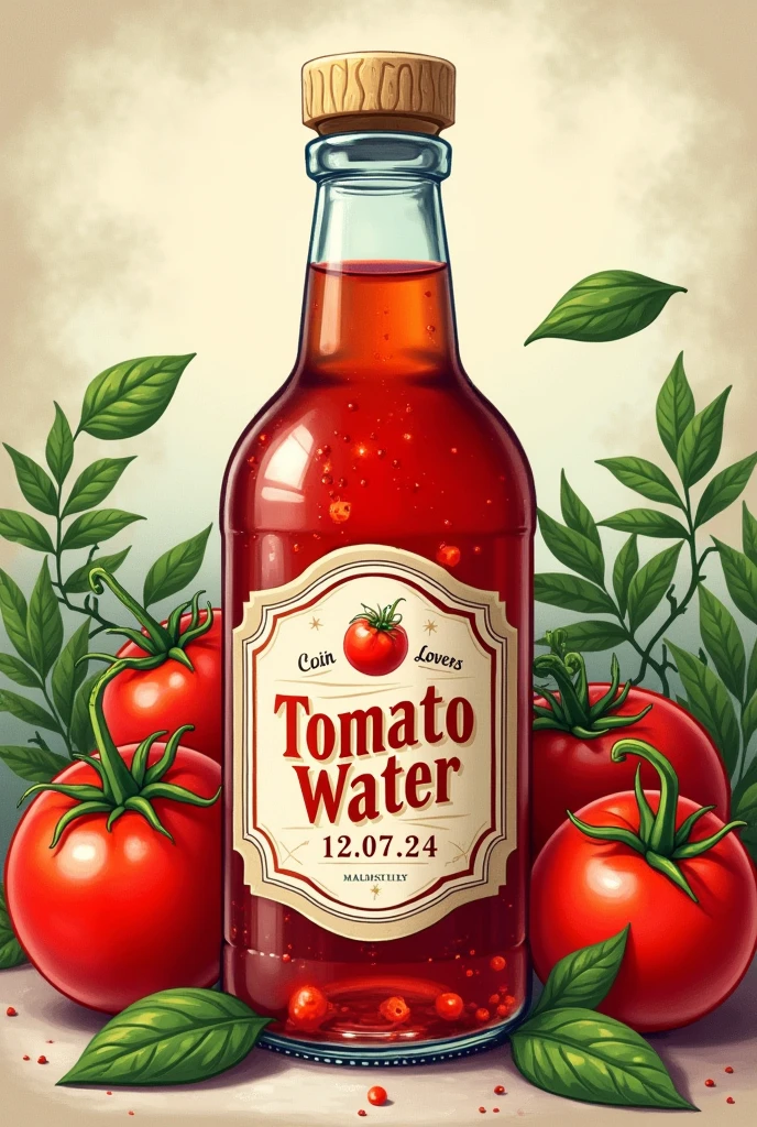 Image illustrations, vintage, d’une bouteille en Crystal, transparent rouge, inscrit sur l’étiquette de la bouteille « Coin Coin Lovers » et « Eau de Tomate » et « 12.07.24 » en arrière plan des tomates et du basilic.