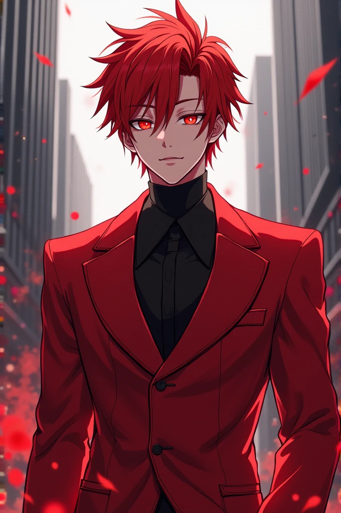 Anime style male character with red hair and a red suit