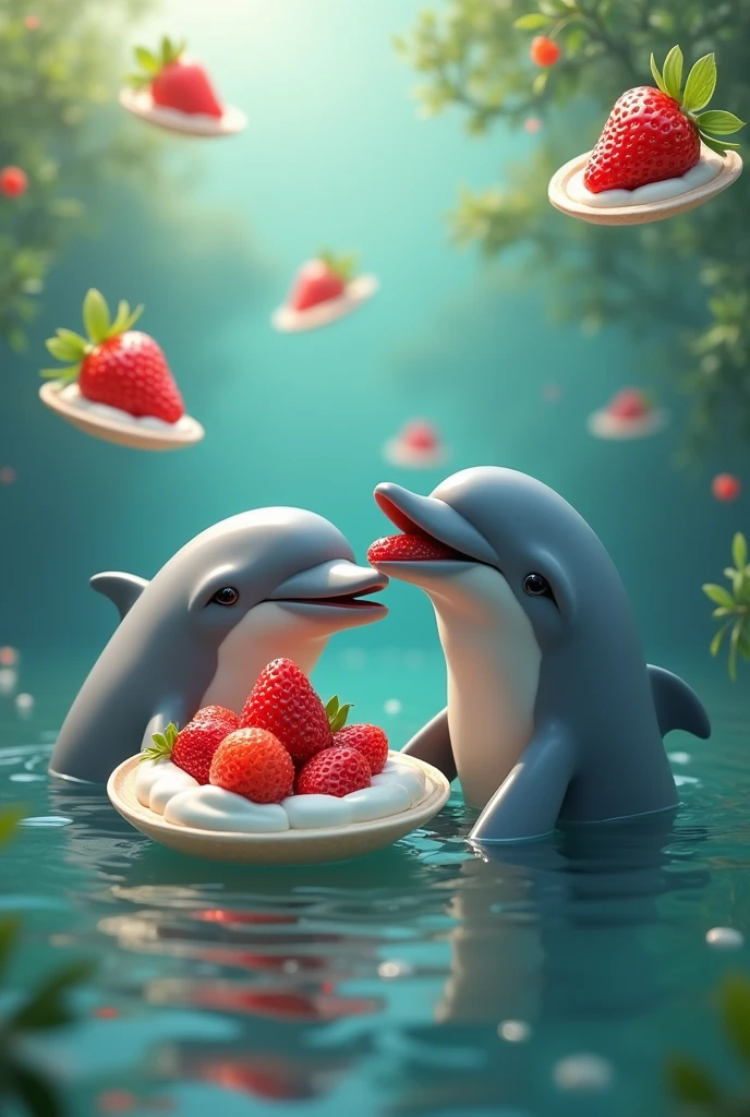 Real dolphins eating strawberries with cream and there are acoriris but they are above the water