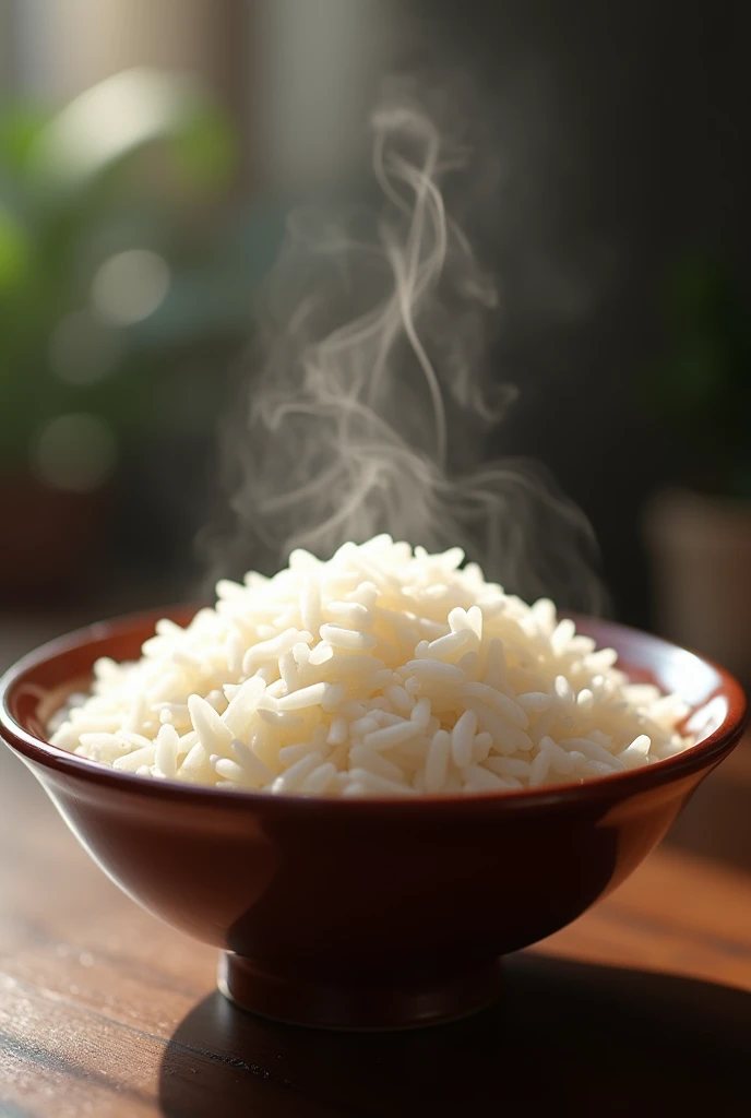 Create an image of a bowl of Vietnamese white rice. The rice should appear fluffy, well-cooked, and steaming to highlight its freshness and aroma. The bowl should be traditional or elegant, and the rice should be presented in a way that emphasizes its quality and delicious texture. The background should be simple to keep the focus on the rice.