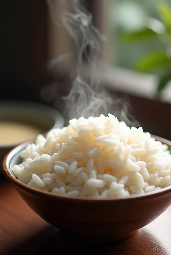 Create an image of a bowl of Vietnamese white rice. The rice should appear fluffy, well-cooked, and steaming to highlight its freshness and aroma. The bowl should be traditional or elegant, and the rice should be presented in a way that emphasizes its quality and delicious texture. The background should be simple to keep the focus on the rice.