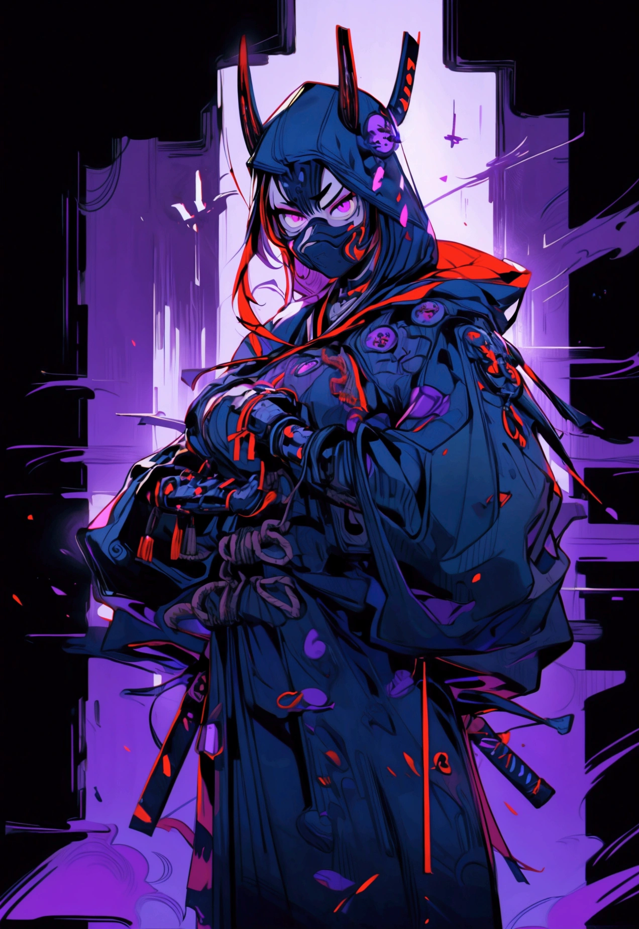best quality, 4k, high resolution, masterpiece: 1.2, ultra detail, realism: 1.37, dark art, portraits, eerie atmosphere, glitches, bugs, mysterious lighting, terrifying presence, menacing armor, dark expression, ominous eyes, two twisted horns, sharp sword, ominous cloak, dark Akatsuki clouds, haunting shadows, intense battle scene, dramatic composition, simple Hannya Oni mask, man, brutal , strong guy, four arms, pumped up arms, man, male ninja assassin, cyberpunk mask, full with a hood, without ears, armor on the chest and arms, an inverted cross, ((very dark eyes)), ninja strike pose