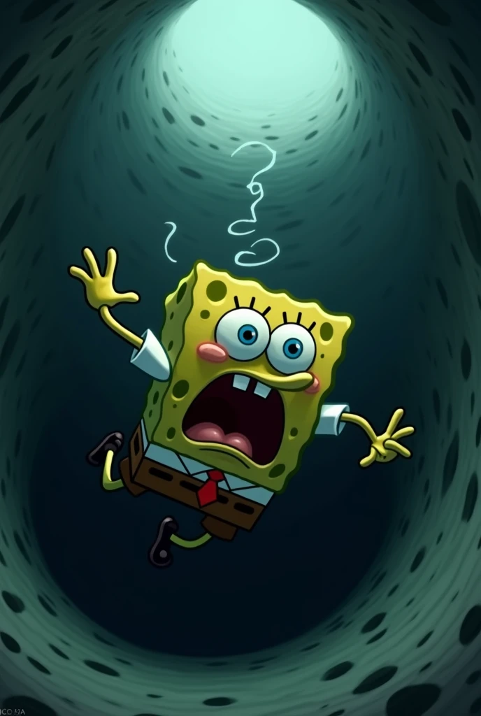 Spongebob falling scared into a hole