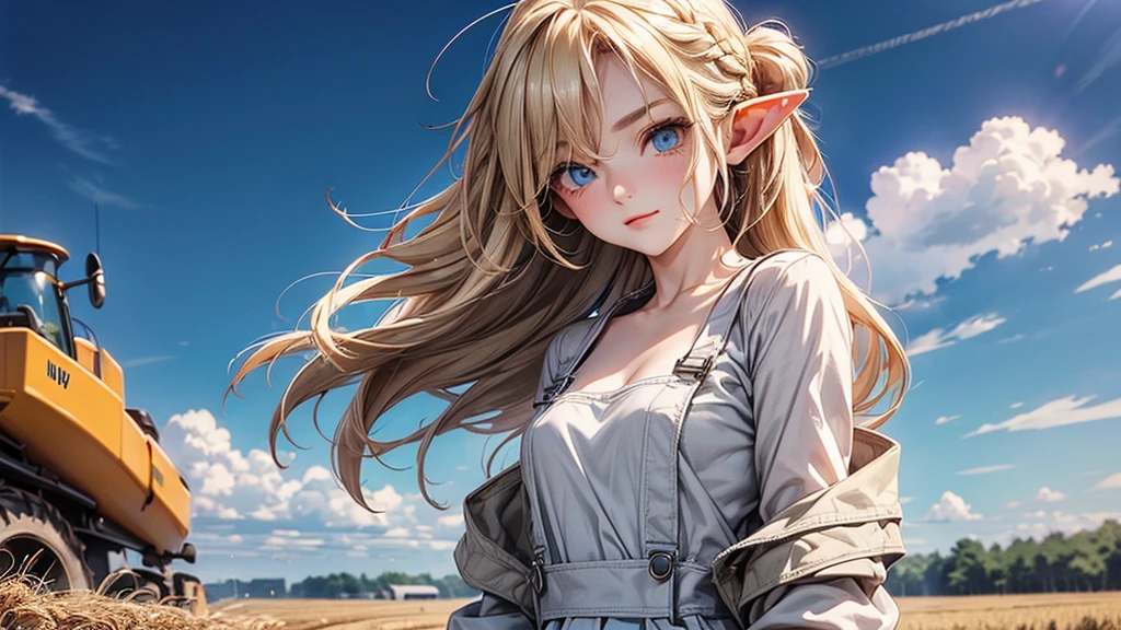 ((Masterpiece)), (Anime:1.5), ((best quality)), (RAW photo:1.2), (High Definition:1.3), (Professional Photography:1.2), (), (1girl), cute young girl, BREAK, (naughty face:1.3), (Beautiful daiamond eyes:1.5), (pale skin), elf girl, wearing Gray Workwear Coveralls, flat chest, slender waist, BREAK, (hair over eyes:1.2), Silky hair, medium hair, ((blond hair)), wearing Gray Workwear Coveralls, (in a wheat field among agricultural machinery), ((low-cut neckline)), (open clothing in the chest area), ((Ukrainian flag on the background in the field)), Ukrainian flag on a flagpole