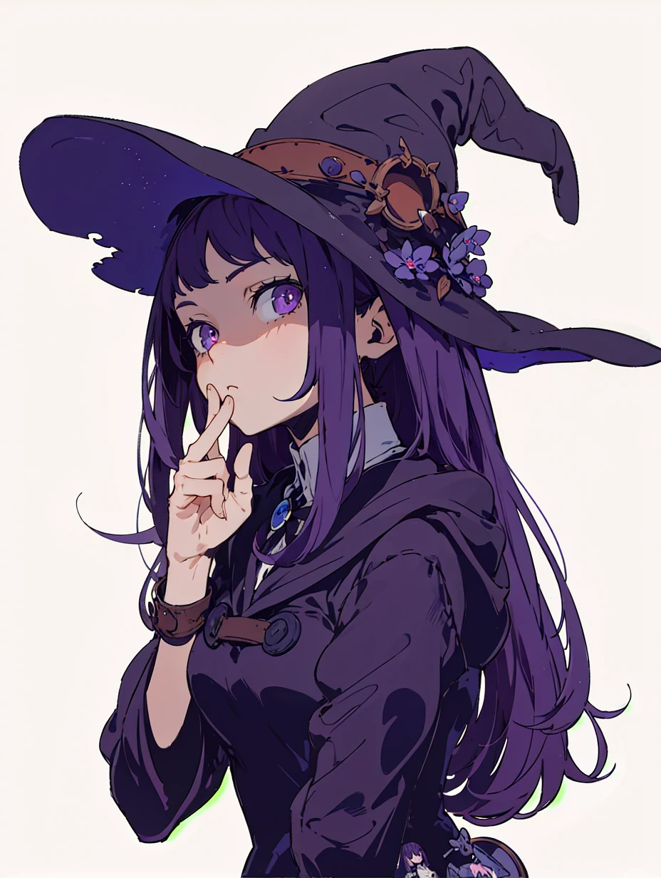 （tmasterpiece，best qualtiy）A detaile People table，Character sheet,（The same person，Does not cover the head, Witch hat), long dark purple color hair, purple eyes，full body image, The arms are unobstructed，Draw all five fingers, (ultra-detailed, highres:1.0),