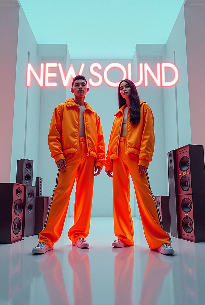 I want you to generate an image for me that has the words New Sound in capital letters, N and S, with an elegant font., that they wear matching colors and put speakers and car sound systems around them but don't put cars on them