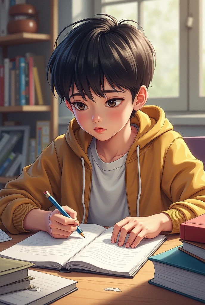 Drawing of a ager studying
