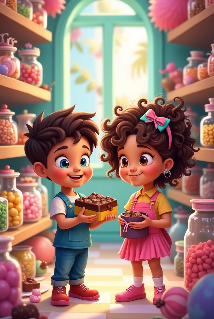 A colorful candy store with jars of sweets and lollipops
- Sharjeel, a cartoon boy with bright blue eyes and dimples, holding a box of chocolates
- Khadeeja, a cartoon girl with sparkling brown eyes and curly hair, looking surprised with chocolates spilled on her head