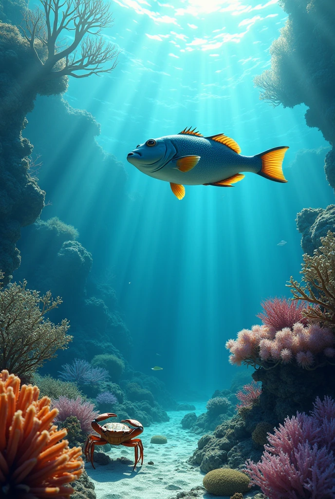 a beautiful detailed fish swimming in the ocean, a crab crawling on the seafloor, stunning underwater scenery, coral reef, crystal clear water, sunlight shimmering on the surface, (best quality,4k,8k,highres,masterpiece:1.2),ultra-detailed,(realistic,photorealistic,photo-realistic:1.37),highly detailed aquatic life, vibrant colors, dramatic lighting, cinematic composition