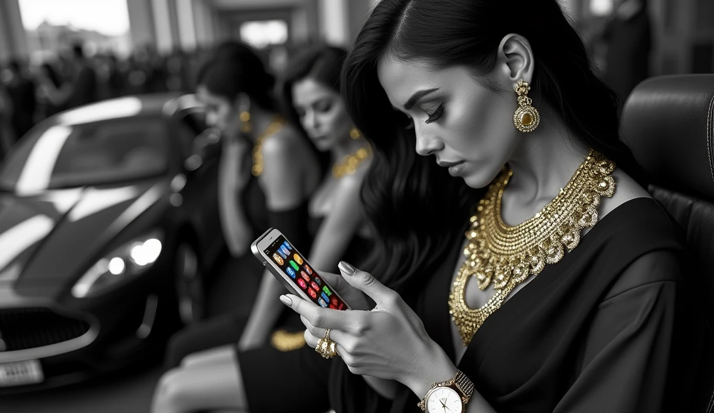 "prompt": "a person wearing a gold necklace, using someone else&#39;s watch, holding a cell phone with like icons jumping off the screen. In the background a luxury car and women with gold jewelry. Imagem em preto e branco com as joias Farbeidas”, "settings": { "style": "sleeved", "lighting": "high contrast", "detail_level": "high", "Farbe_scheme": "black and white with bright Farbe focal point", "emphasis": "social media icons and the person's expression", "size": "1280x720" } }