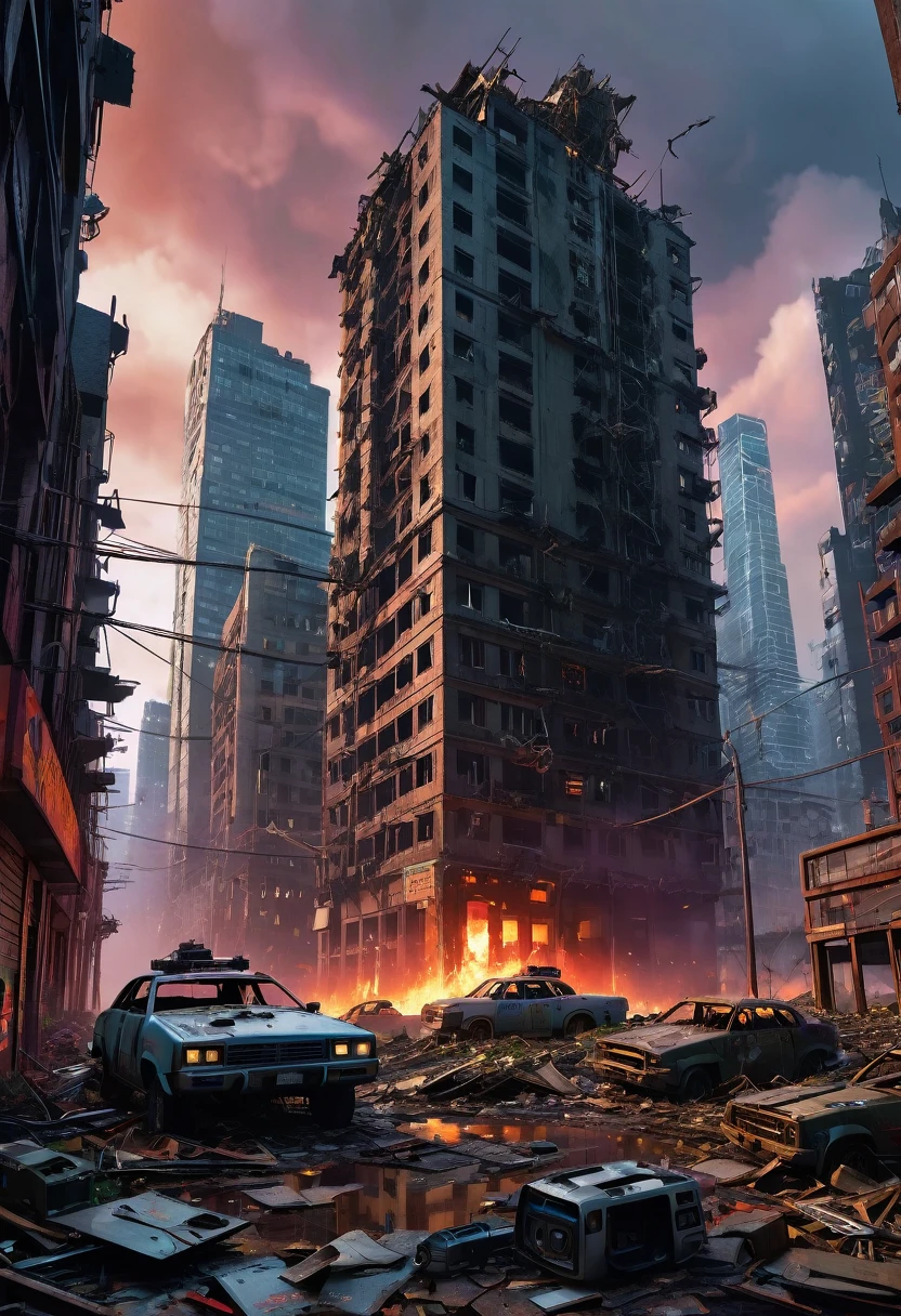 A city devastated by an AI apocalypse, with towering skyscrapers reduced to rubble, streets filled with broken robots, and digital screens flickering with chaotic, glitching code. The sky is dark and stormy, with a reddish hue from fires burning in the distance. Drones hover ominously overhead, and the remnants of humanity are scattered throughout the scene—empty cars, abandoned belongings, and graffiti warning of the dangers of AI. The atmosphere is eerie, with a sense of desolation and the overwhelming power of technology gone rogue.
