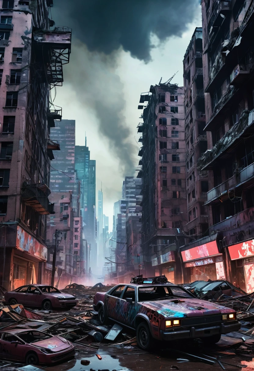 A city devastated by an AI apocalypse, with towering skyscrapers reduced to rubble, streets filled with broken robots, and digital screens flickering with chaotic, glitching code. The sky is dark and stormy, with a reddish hue from fires burning in the distance. Drones hover ominously overhead, and the remnants of humanity are scattered throughout the scene—empty cars, abandoned belongings, and graffiti warning of the dangers of AI. The atmosphere is eerie, with a sense of desolation and the overwhelming power of technology gone rogue.