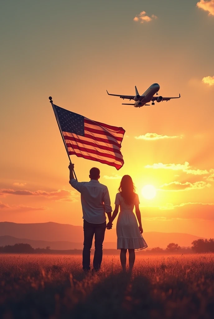 A man and a woman holding the American flag under a beautiful evening sun on a cool day looking at an aurplane landind to the sun