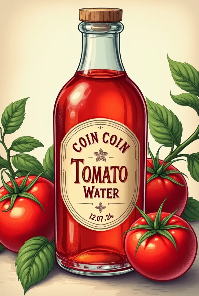 Image illustrations, vintage, d’une bouteille en Crystal, transparent rouge, inscrit sur l’étiquette de la bouteille « Coin Coin Lovers » et « Eau de Tomate » et « 12.07.24 » en arrière plan des tomates et du basilic.