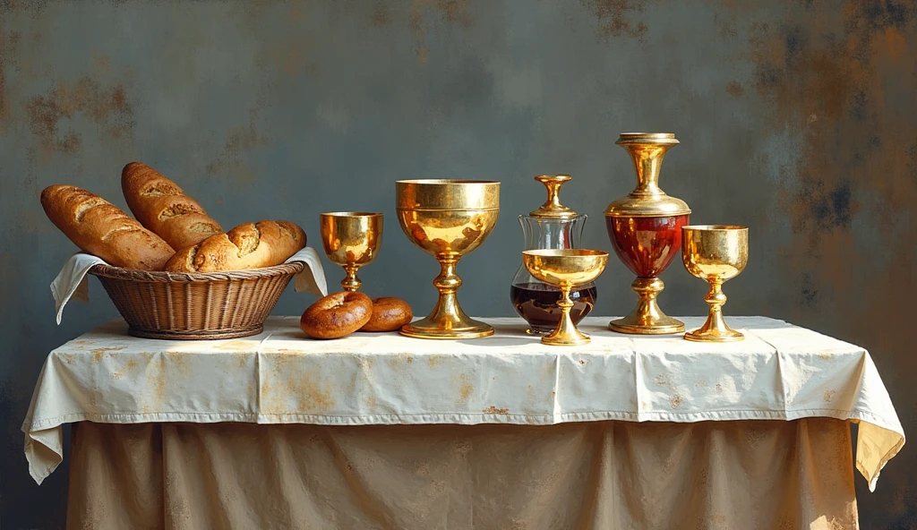 add some cups with wine, and bread in the style of jesus time